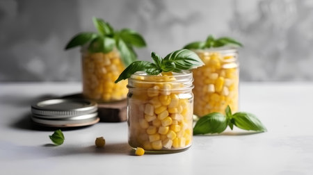 Canned sweet corn in glass jars with fresh basil leaves on light backgroundの素材
