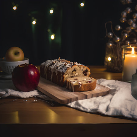 Christmas cake with raisins and apples on a wooden table.の素材