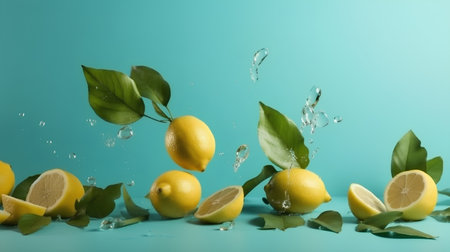 Fresh lemons with green leaves and water splash on turquoise backgroundの素材