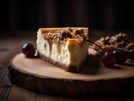 cheesecake with cherries and nuts on a wooden board, selective focusの素材