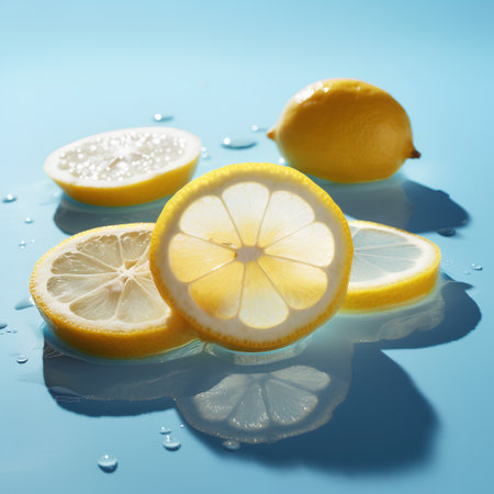 Lemon and lemon slices on blue background with water drops. Citrus fruit.の素材