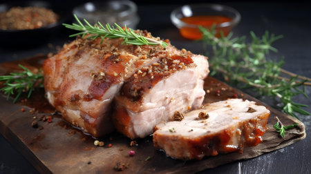 Pork tenderloin with rosemary and spices on wooden boardの素材