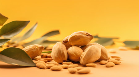 Pistachio nuts on a yellow background. Healthy food.の素材