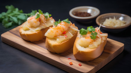 Delicious bruschetta with shrimps, prawns and cheeseの素材