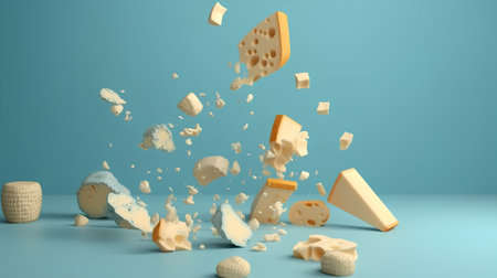 3d render of cheese falling into the air on a blue backgroundの素材