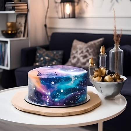 birthday cake on the table in the interior of the living roomの素材