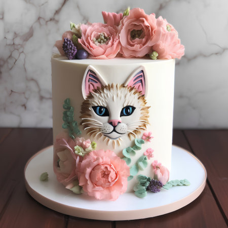 Cake decorated with flowers and cat face on a white background.の素材