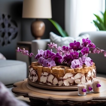 Tiramisu cake with orchid flowers on the wooden trayの素材