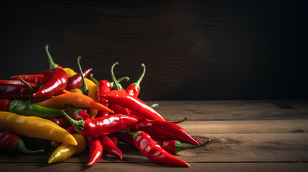 Hot chili peppers on wooden background. Copy space for your text.の素材