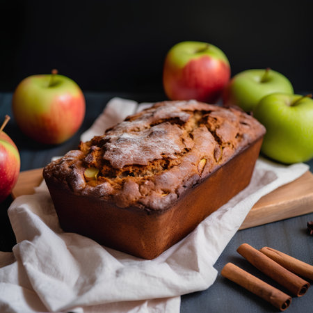 Homemade apple cake with cinnamon and apples on a black background.の素材