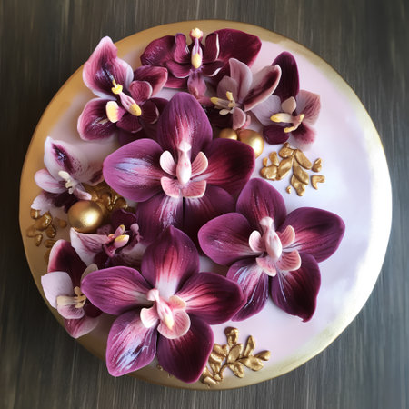 Orchids and golden eggs on a plate on a wooden backgroundの素材