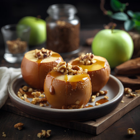 Baked apples with walnuts and honey on a wooden background.の素材