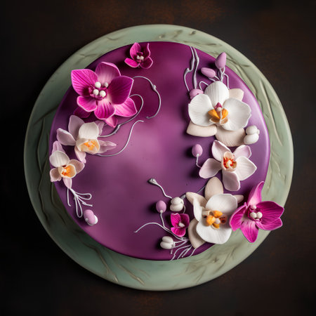 Chocolate cake decorated with orchids and pearls on a dark backgroundの素材