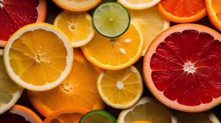 Slices of different citrus fruit including lemons, lines, grapefruits and oranges.の素材