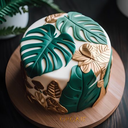 Tropical cake with monstera leaf decoration on wooden table.の素材