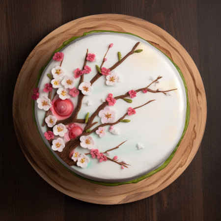Cake with cherry blossom on a wooden background, top viewの素材