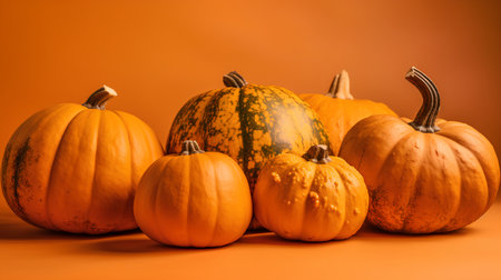 Pumpkins on a orange background. Autumn still life with pumpkins.の素材