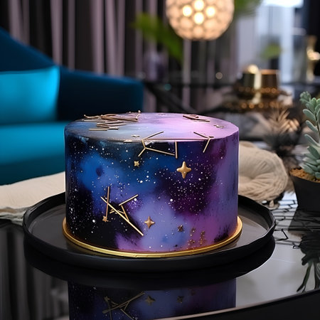 Birthday cake on a table in a room with a blue sofaの素材