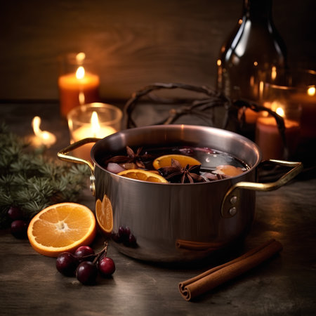 Mulled wine with spices and fruits in pot on wooden backgroundの素材
