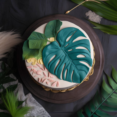Tropical cake with monstera leaf on a dark background.の素材