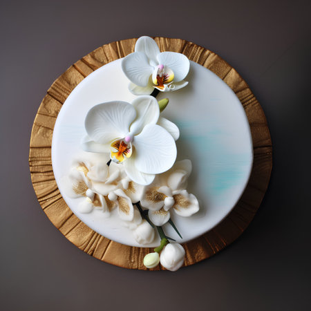 White orchids on a round plate on a gray background.の素材
