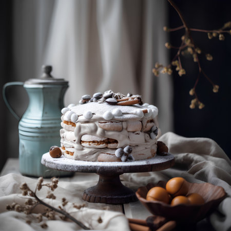 Cake with cream and nuts. Selective focus. Vintage style.の素材