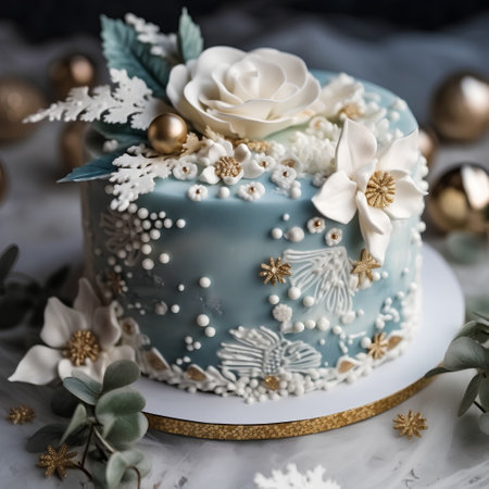 Elegant blue cake decorated with white flowers and gold balls.の素材