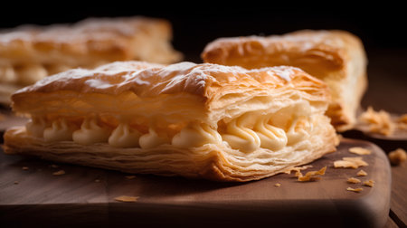Delicious puff pastry with cream on a wooden background. Selective focus.の素材