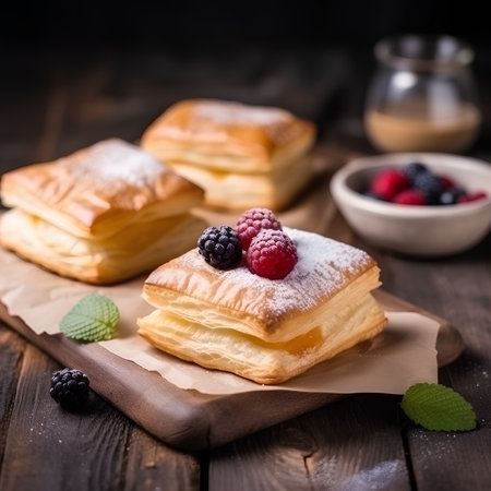 puff pastry with raspberries and blackberries on a wooden backgroundの素材
