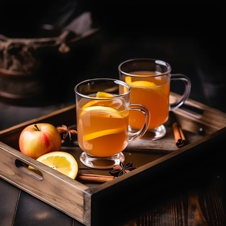 Mulled wine with cinnamon, apple and star anise on wooden backgroundの素材