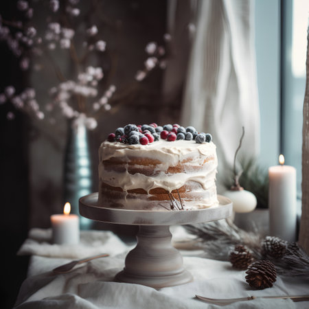 Cake with cream and berries on a dark background. Selective focus.の素材