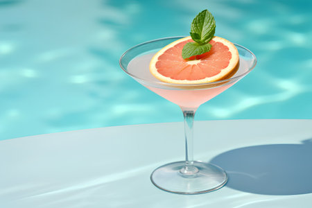 Grapefruit cocktail in a martini glass on a swimming pool backgroundの素材