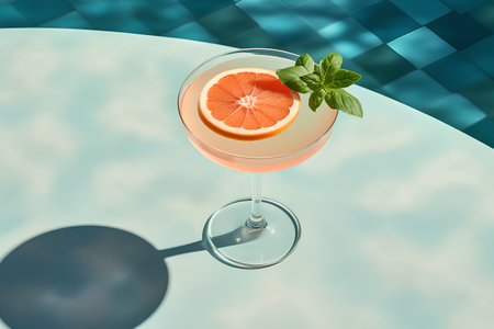 Cocktail with grapefruit, mint and ice on blue background.の素材