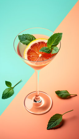 Cocktail with grapefruit and mint on orange and blue backgroundの素材