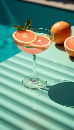 Glass of cocktail with grapefruit and mint on swimming pool background.の素材