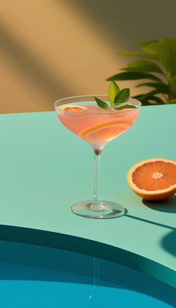 Cocktail with orange and mint on blue background. 3d illustrationの素材