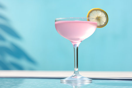 Pink cocktail with lemon on a blue background. 3d rendering.の素材