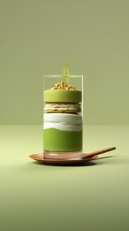 Matcha green tea mousse in a glass cup. 3D renderingの素材
