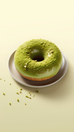 Donut with pistachio powder on a plate on a yellow backgroundの素材