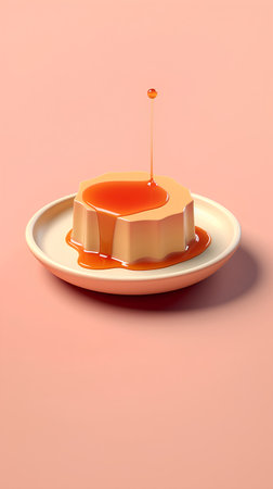 3d rendering of a caramel pudding on a plate on a pink backgroundの素材
