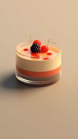 3d illustration of a glass of cherry cheesecake on a brown backgroundの素材