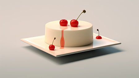 Cake with cherries on a white plate. 3d renderingの素材