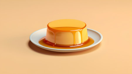 3d illustration of caramel pudding on a plate isolated on yellow backgroundの素材