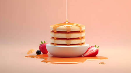 3d rendering of a stack of pancakes with honey pouring from a spoon.の素材