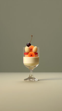 Fruit dessert in a glass on a gray background. 3d renderingの素材