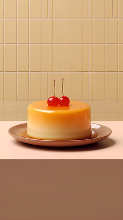 Cake with cherry on a brown plate. 3d rendering.の素材
