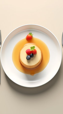 Flan flan with berries on a white plate. 3d renderingの素材