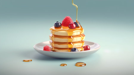 Pancakes with berries and maple syrup. 3d illustration.の素材