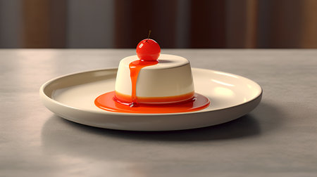 Panna cotta with cherry on top. 3D rendering.の素材