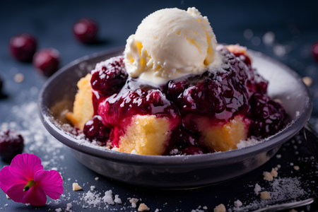 Cottage cheese casserole with berries and ice cream. Selective focus.の素材